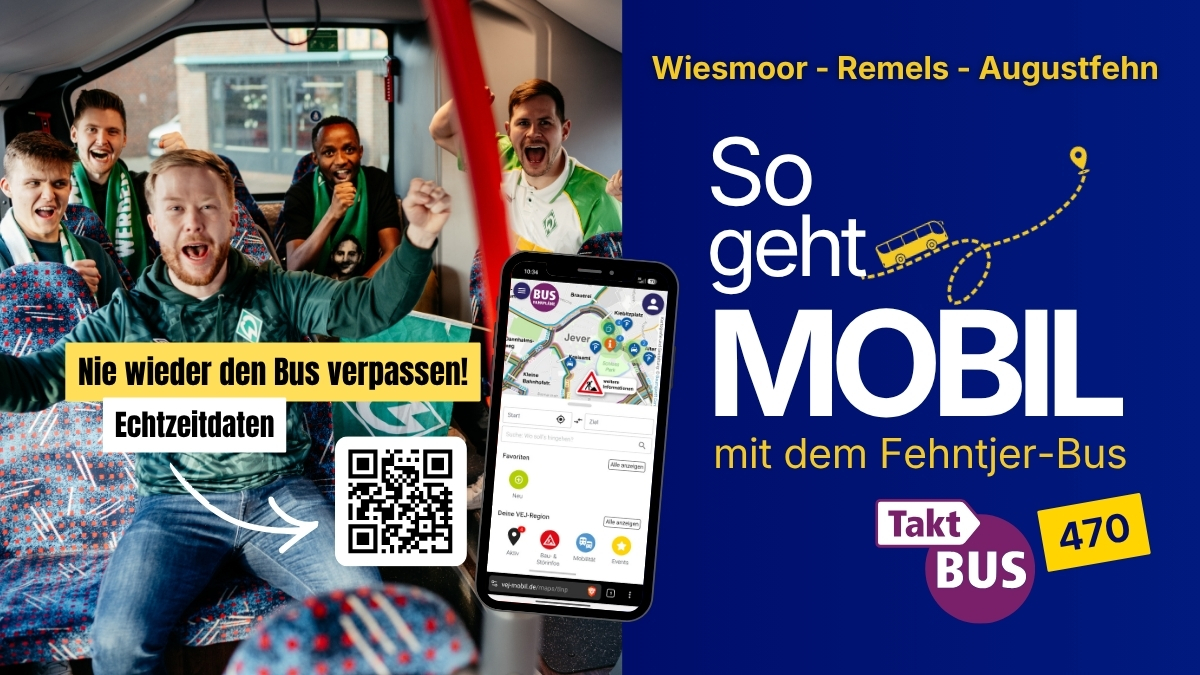 Linienbus des Fehntjer-Bus 470 vor einer Haltestelle