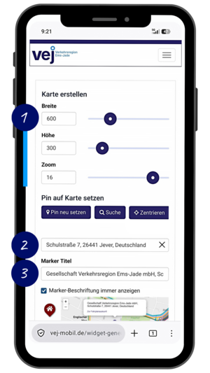 Beispielansicht des VEJ-Widget-Generators auf einem Smartphone