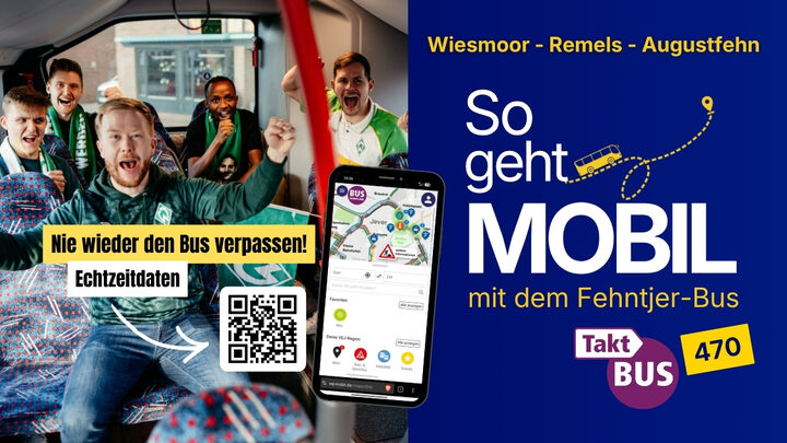 Linienbus des Fehntjer-Bus 470 vor einer Haltestelle